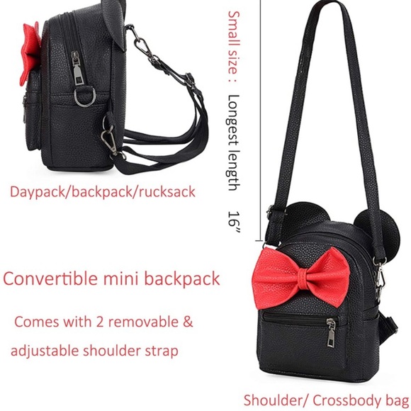 Cartoon Mouse Ear Polka-dot Sequin Bow Convertible Backpack Purse Crossbody Bag - Picture 3 of 3